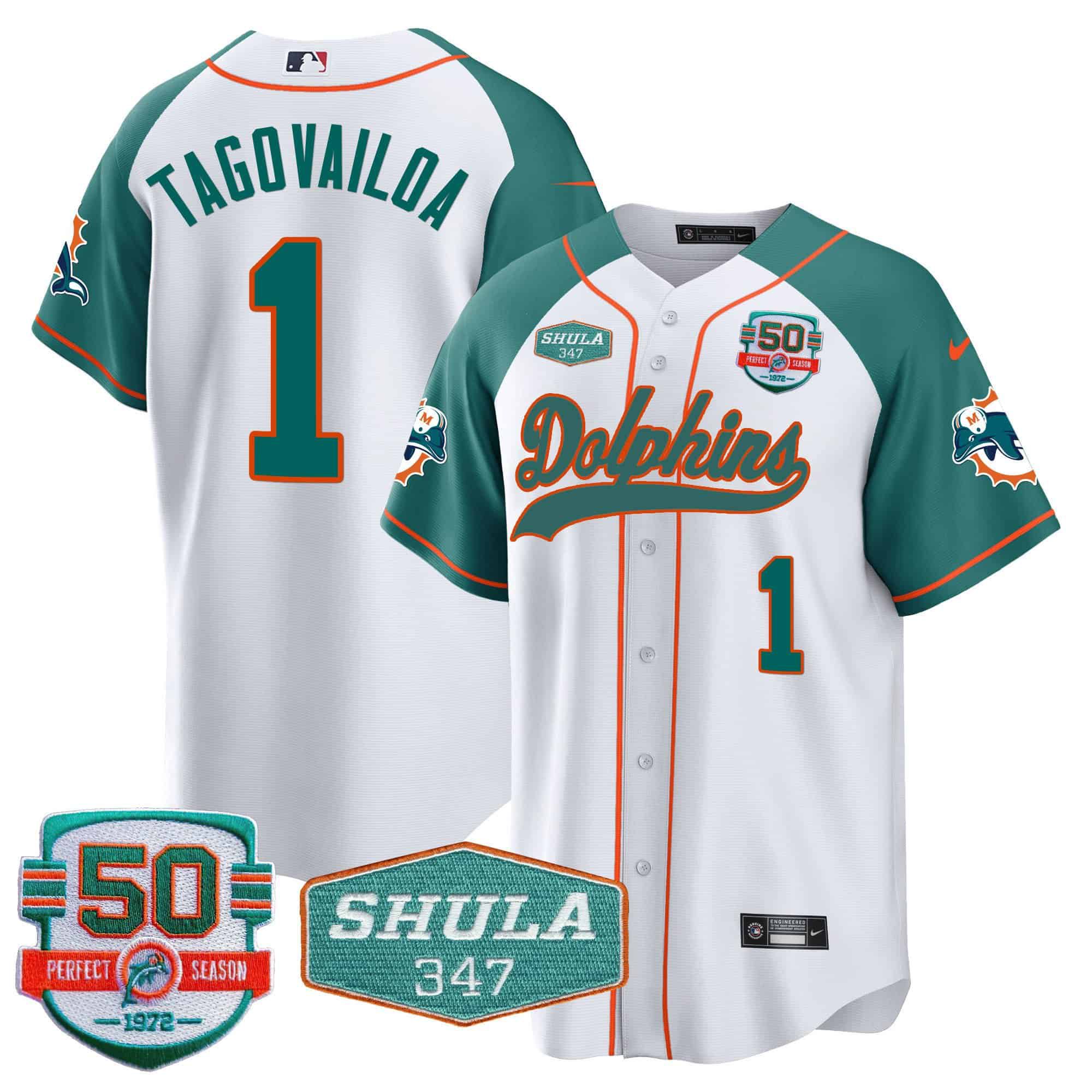 Men Miami Dolphins #1 Tagovailoa White 2024 Nike 50th Don Shula Memorial Patch Baseball NFL Jersey style 1